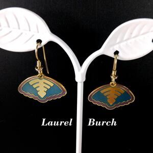 Vintage Laurel Burch Teal & Purple Enamel Drop Earrings, Gold Plated